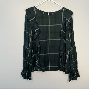 Sanctuary Shirt Womens Extra Small Green Blue Plaid Ruffle Long Sleeve Blouse